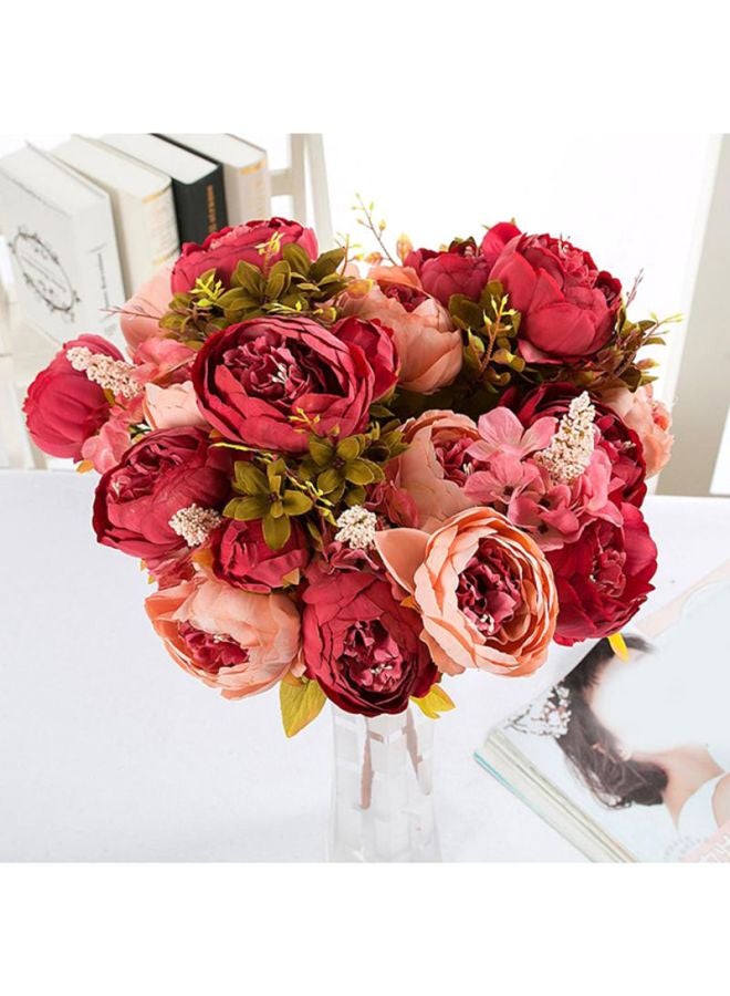 بلولانز باقة مكونة من 13 زهرة من زهور الفاوانيا الصناعية المصنوعة من الحرير وردي/ أخضر 18x8x18سم - Image 2