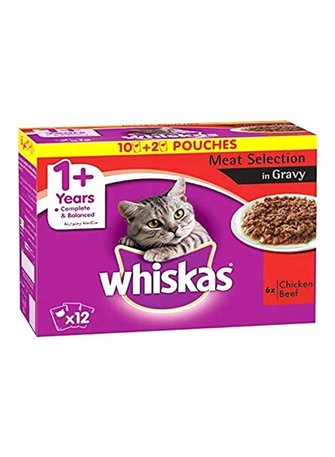 ويسكاس عبوة طعام القطط الرطب، من قطع رقائق الدجاج واللحم بقري، مضاف إليه المرق من 12 قطعة متعدد الألوان 12x85جرام - Image 1