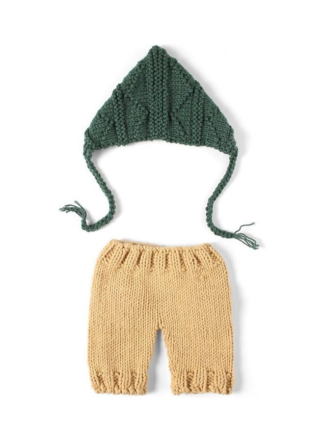 Generic Crochet Wool Outfits Pants Hat Set Dark Green/Beige  - Image 2