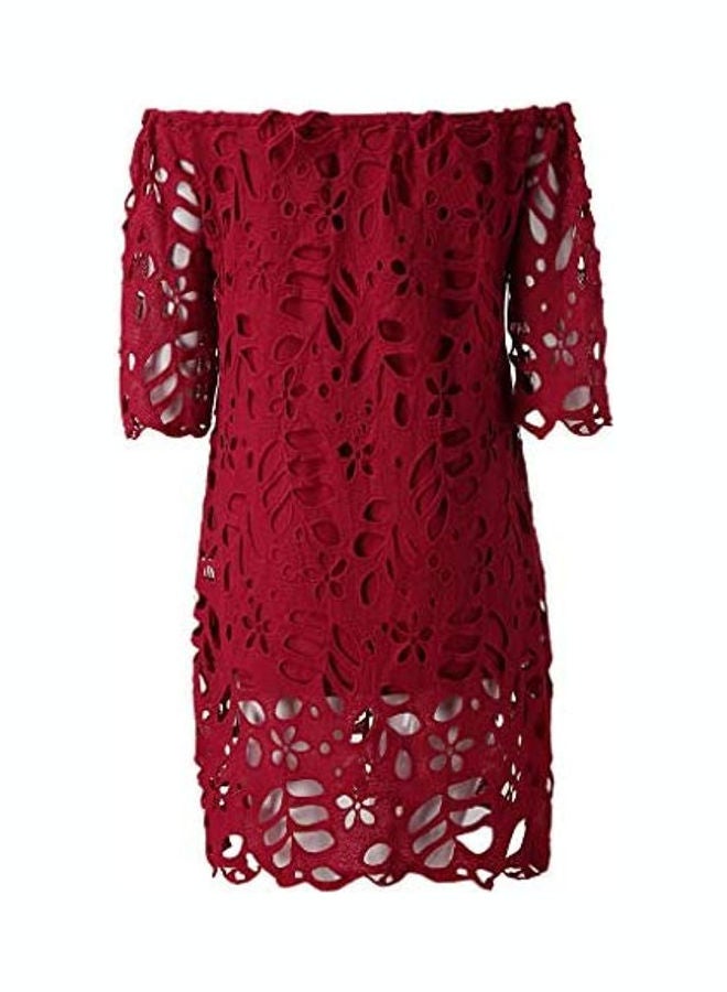 Generic Lace Detailed Slim Fit Dress Maroon  - Image 2