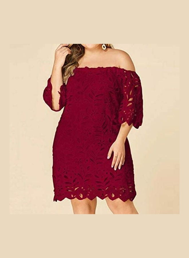 Generic Lace Detailed Slim Fit Dress Maroon  - Image 3