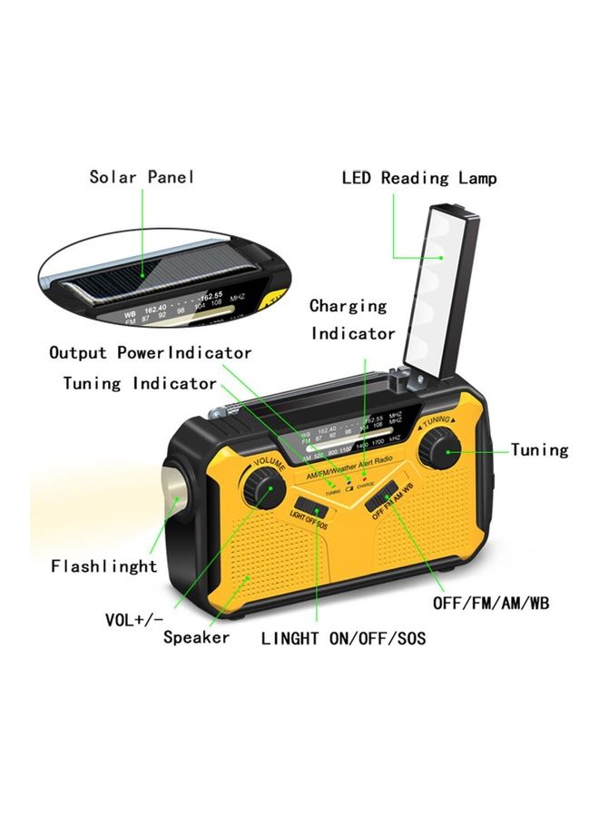 Solar Powered Digital FM/AM/WB With LED Reading Light And Flashlight V8681-V Black/Yellow