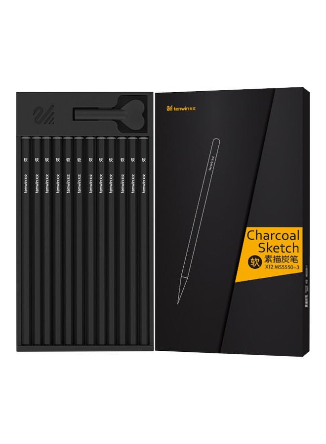 tenwin 12-Piece Professional Charcoal Sketch Pencil With Cap Black - Image 1
