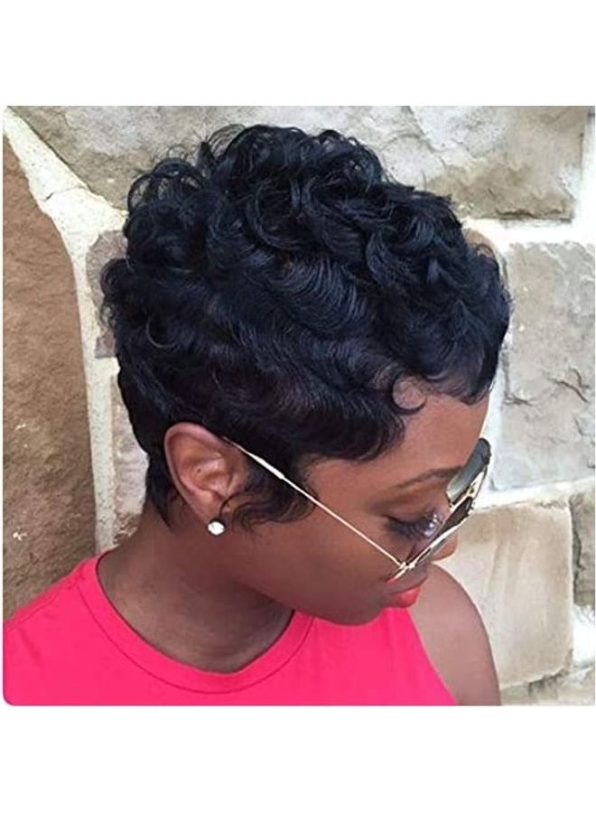 MELANNA Short Curly Human Hair Wigs Black 8inch 