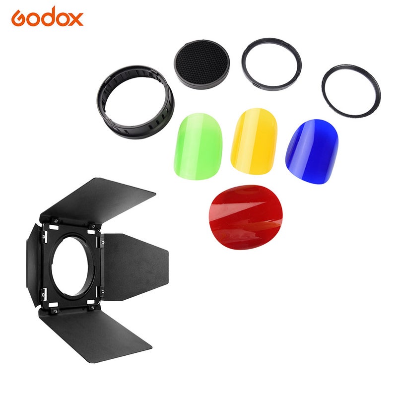 Godox BD08 Barn Door & Honeycomb Grid & 4 Color Gel Filters Kit (Red Yellow Blue Green) for Outdoor Flash Strobe Light Monolight Speedlites multicolour - Image 1