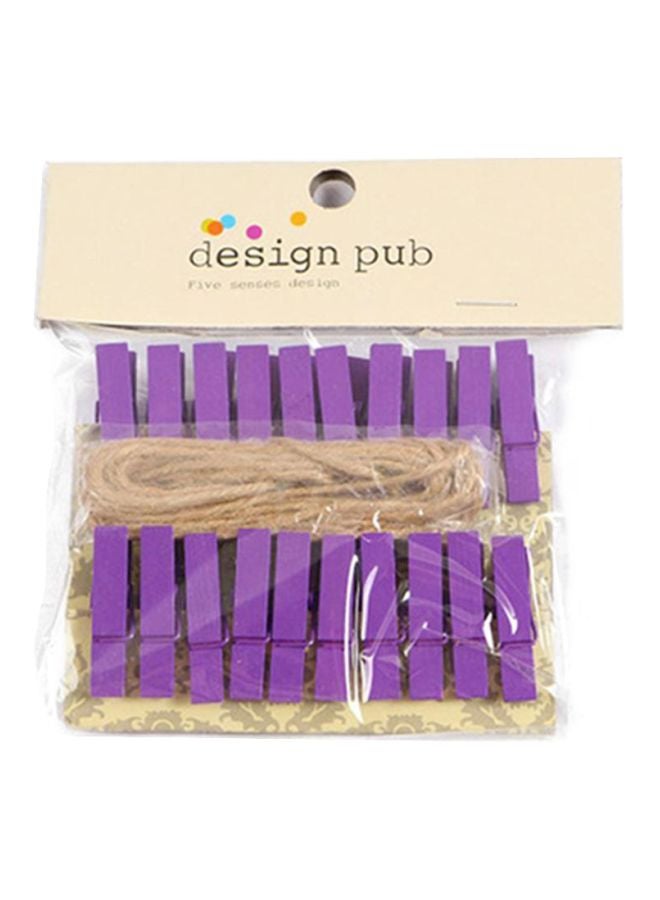 20-Piece Wooden Laundry Cloth Clip With Rope Purple 3.5x0.7cm
