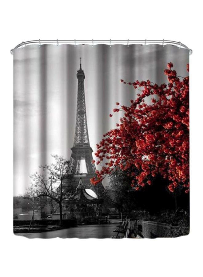 ANSELF 13-Piece Eiffel Tower Printed Shower Curtain With Ring Hooks Set Grey/Red/Black 180x200cm - Image 1