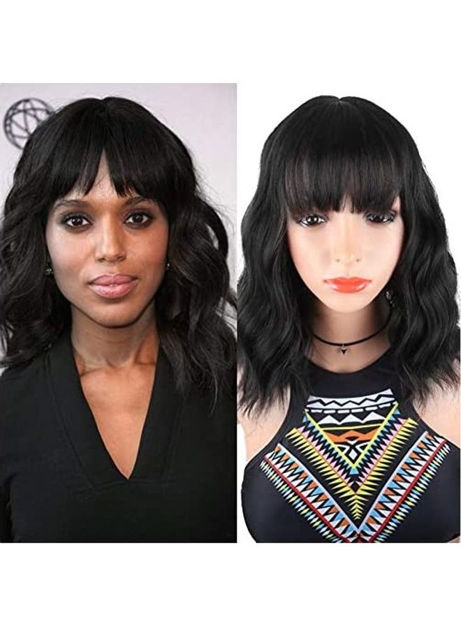 DEYNGS Short Wavy Wigs With Flat Bangs Hair Wig Black 8inch 