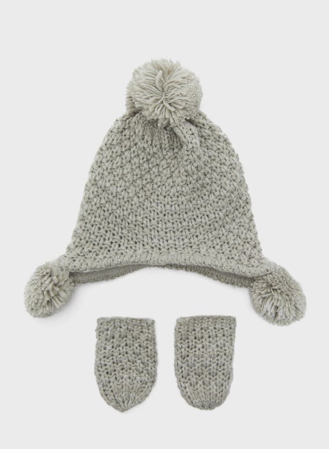 Knitted Beanie With Mittens Pair Grey