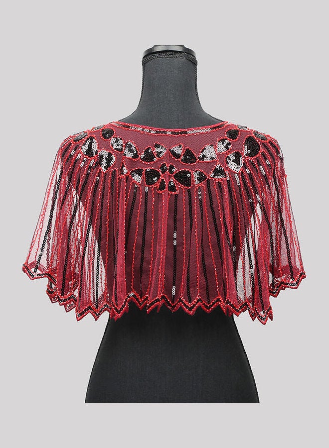 Women 1920s Shawl Poncho Sheer Mesh Shiny Red  - Image 4