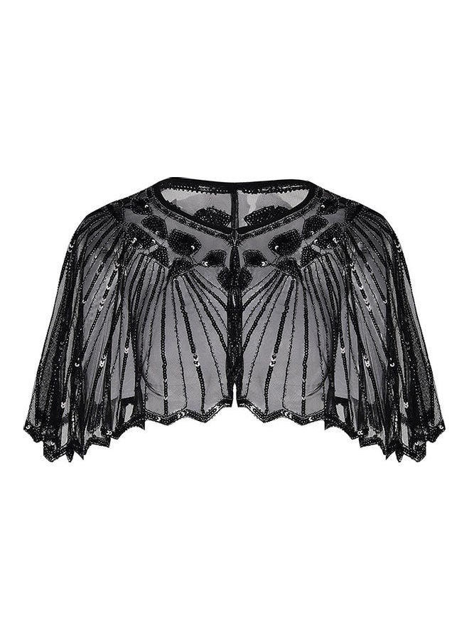 Women 1920s Shawl Poncho Sheer Mesh Shiny Black - Image 1