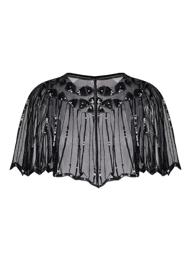 Women 1920s Shawl Poncho Sheer Mesh Shiny Black - Image 2