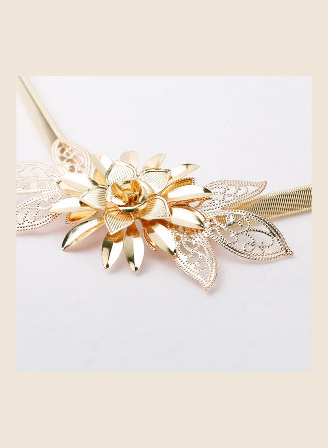 Generic - Flower Embellishment Elastic Waist Strap Belt Gold - Image 1
