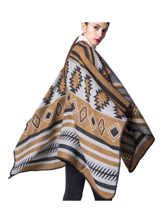 Generic - Geometrical Print Poncho Scarf Cardigan Sweater Khaki - Image 1