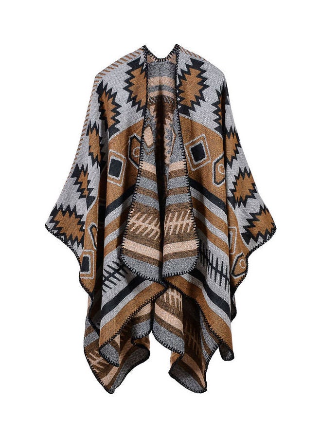 Generic - Geometrical Print Poncho Scarf Cardigan Sweater Khaki - Image 1