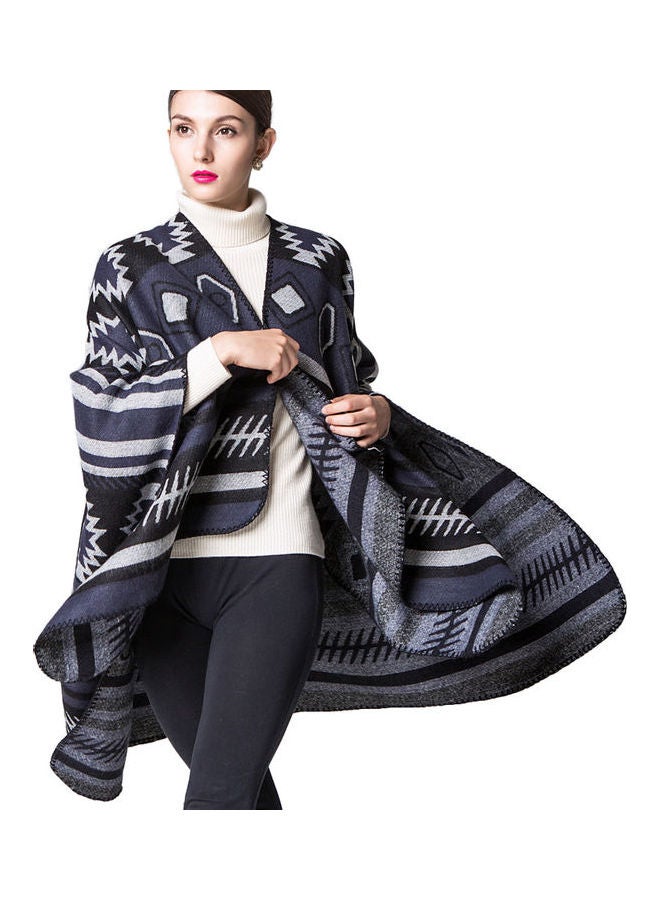 Geometrical Print Poncho Scarf Cardigan Sweater Dark Blue - Image 1