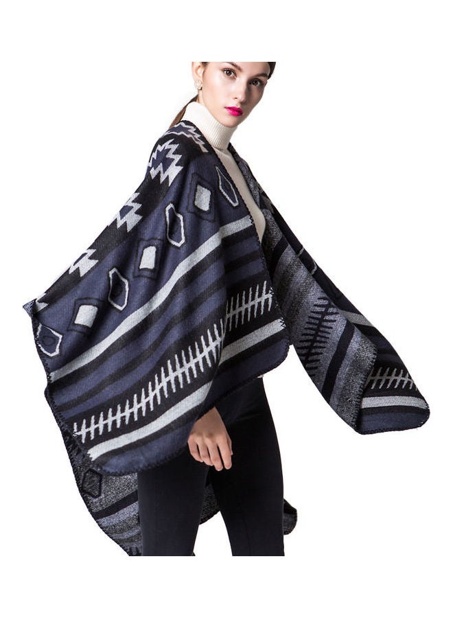 Geometrical Print Poncho Scarf Cardigan Sweater Dark Blue - Image 2