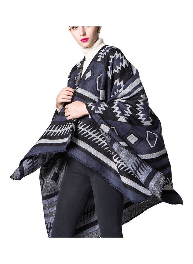 Geometrical Print Poncho Scarf Cardigan Sweater Dark Blue - Image 3