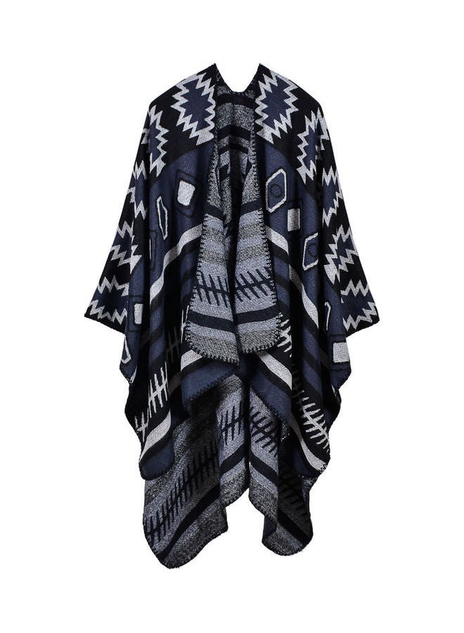 Geometrical Print Poncho Scarf Cardigan Sweater Dark Blue - Image 4