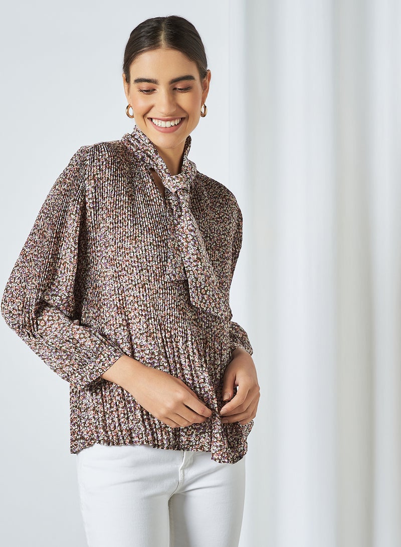 SELECTED FEMME All Over Print Neck Tie Top Cappuccino - Image 1