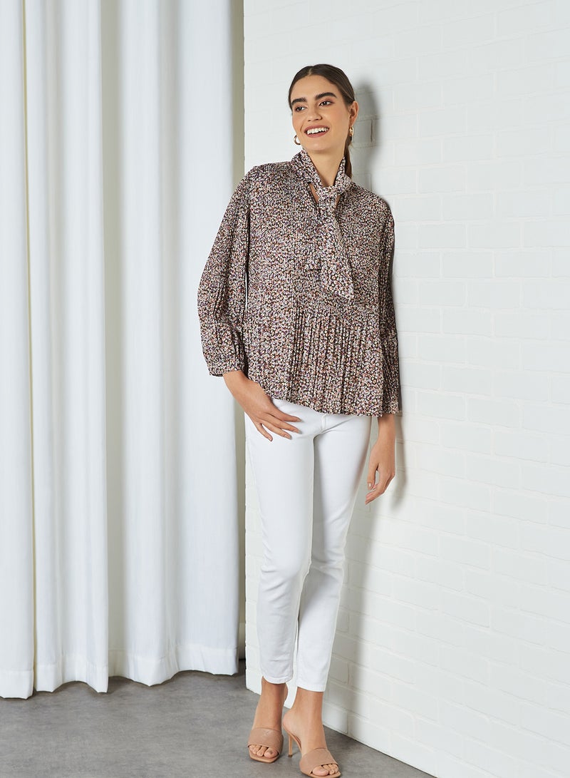 SELECTED FEMME All Over Print Neck Tie Top Cappuccino - Image 3