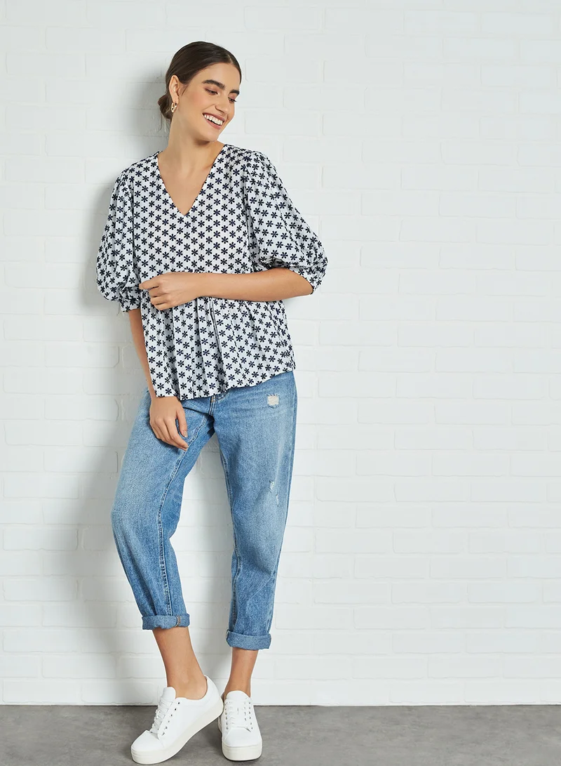 SELECTED FEMME All Over Print Puff Sleeve Top White