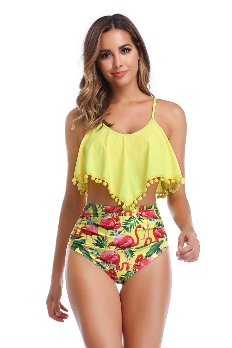 Jolly Chic - Flamingo Print High Waist Flouncy Swimwear Set Multicolour - Image 1