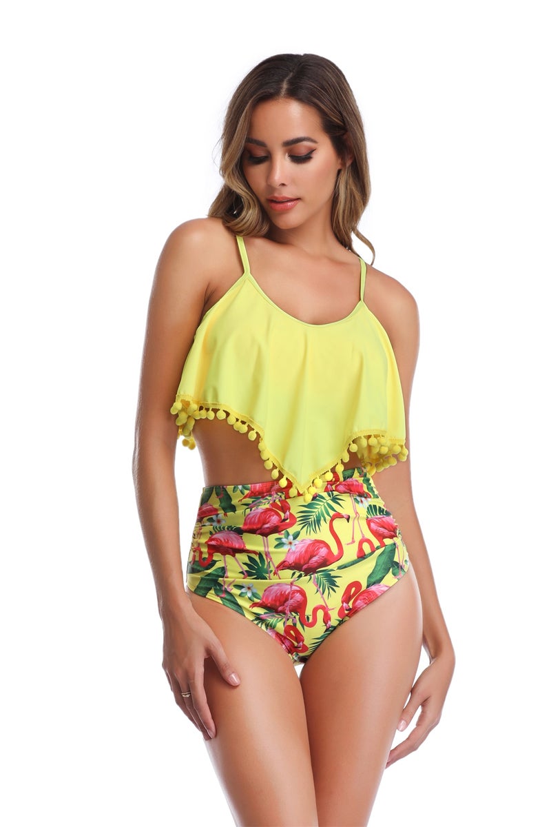 Jolly Chic - Flamingo Print High Waist Flouncy Swimwear Set Multicolour - Image 1