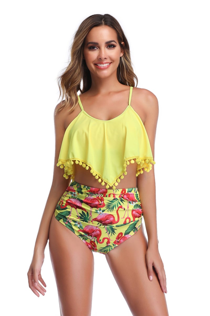 Jolly Chic - Flamingo Print High Waist Flouncy Swimwear Set Multicolour - Image 1