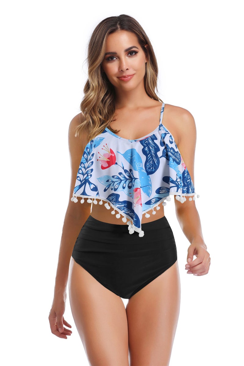 Jolly Chic Leaves Print High Waist Flouncy Swimwear Set Multicolour  - Image 1