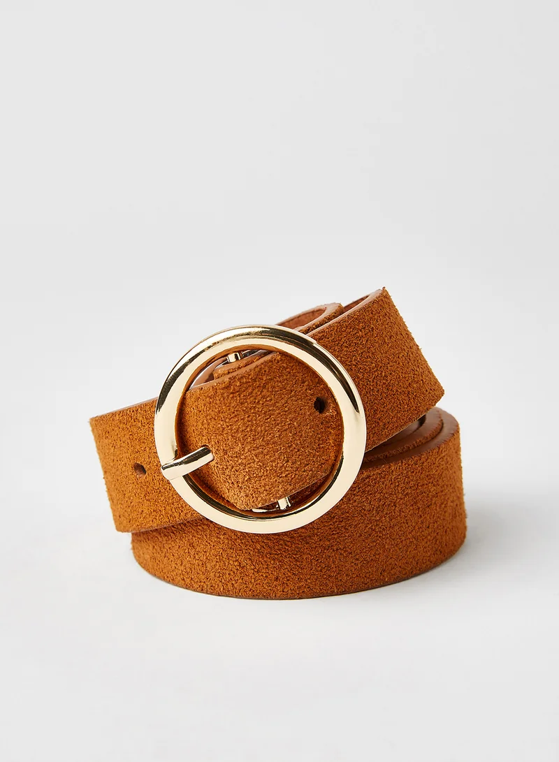 PIECES O-Ring Buckle Suede Belt Cognac