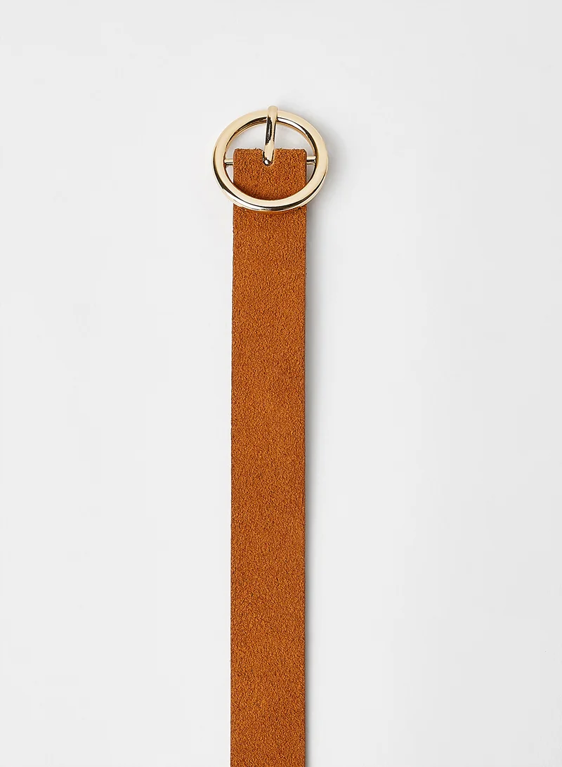PIECES O-Ring Buckle Suede Belt Cognac