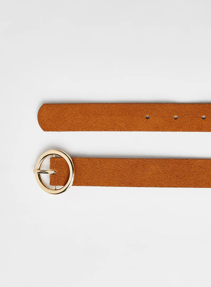 PIECES O-Ring Buckle Suede Belt Cognac