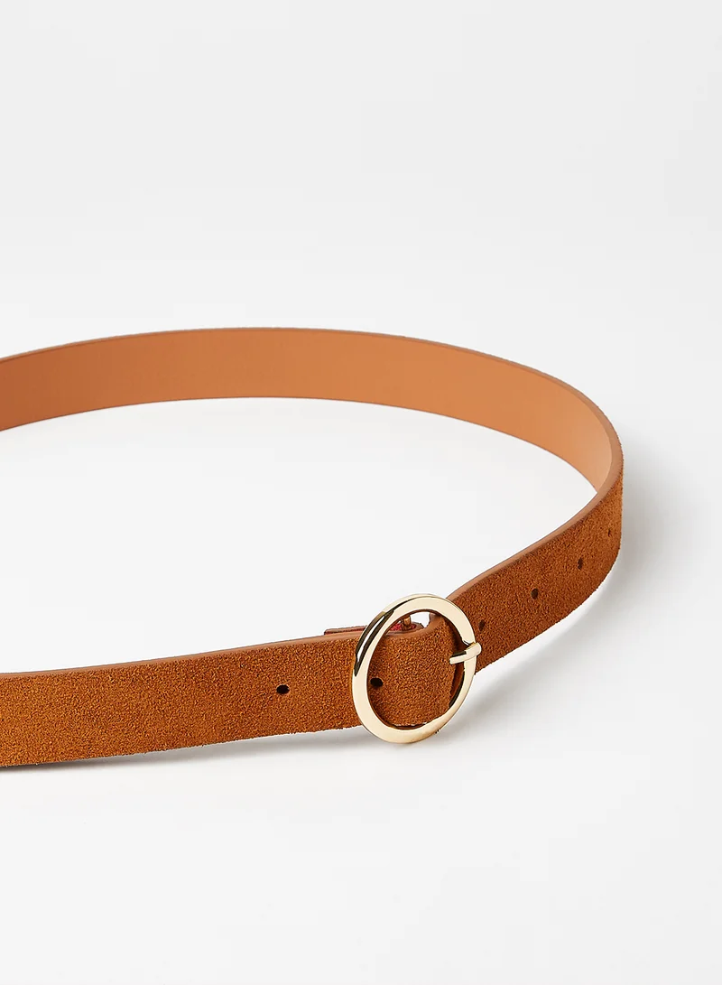 PIECES O-Ring Buckle Suede Belt Cognac