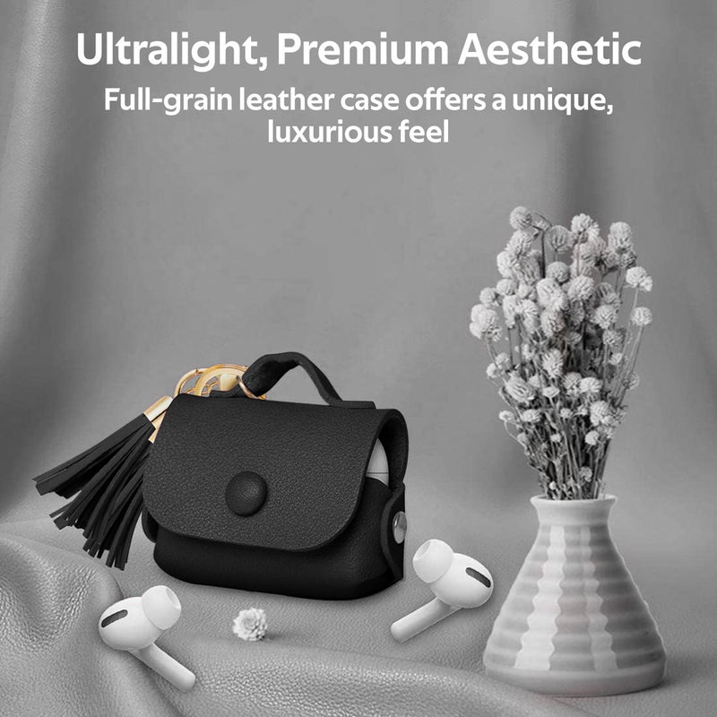 PROMATE AirPods Pro Case, Ultra-Slim Protective Soft Designer Faux Leather Cover with Wireless Charging Compatible, Shockproof and Keychain Hook for Apple AirPods Pro, Women, Tassel-Pro Black  - Image 2