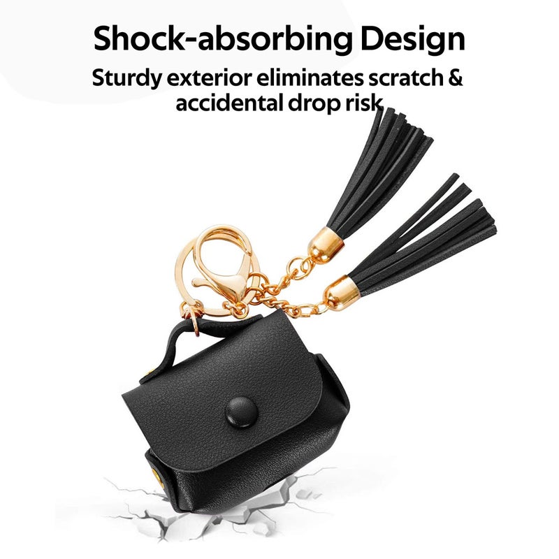 PROMATE AirPods Pro Case, Ultra-Slim Protective Soft Designer Faux Leather Cover with Wireless Charging Compatible, Shockproof and Keychain Hook for Apple AirPods Pro, Women, Tassel-Pro Black  - Image 3