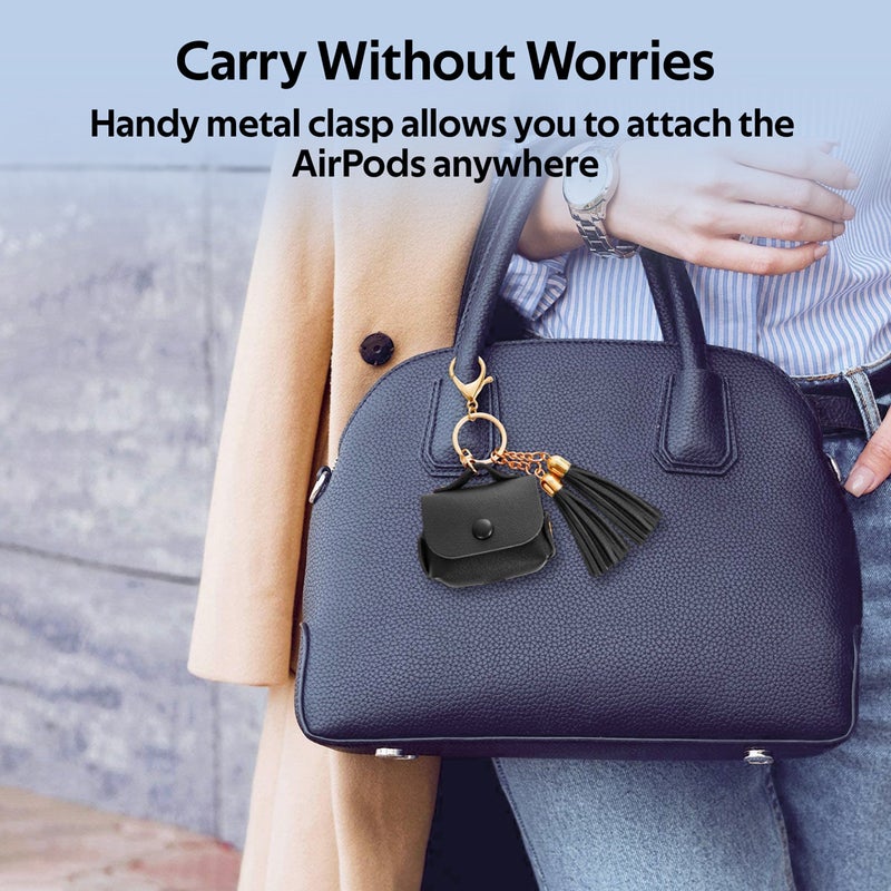 PROMATE AirPods Pro Case, Ultra-Slim Protective Soft Designer Faux Leather Cover with Wireless Charging Compatible, Shockproof and Keychain Hook for Apple AirPods Pro, Women, Tassel-Pro Black  - Image 4