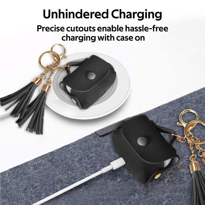 PROMATE AirPods Pro Case, Ultra-Slim Protective Soft Designer Faux Leather Cover with Wireless Charging Compatible, Shockproof and Keychain Hook for Apple AirPods Pro, Women, Tassel-Pro Black  - Image 5