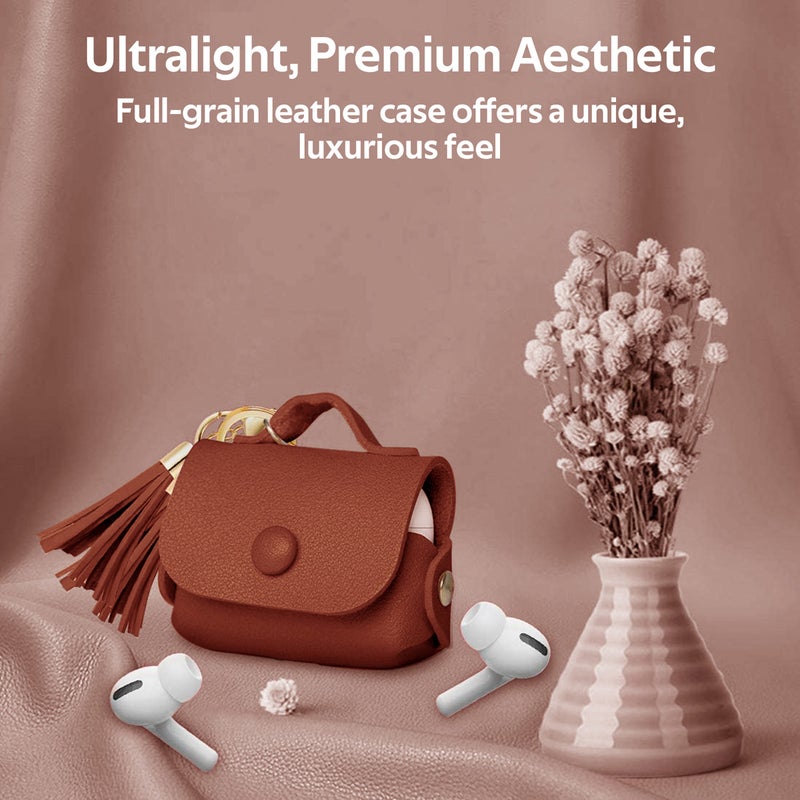 PROMATE AirPods Pro Case, Ultra-Slim Protective Soft Designer Faux Leather Cover with Wireless Charging Compatible, Shockproof and Keychain Hook for Apple AirPods Pro, Women, Tassel-Pro Brown  - Image 2