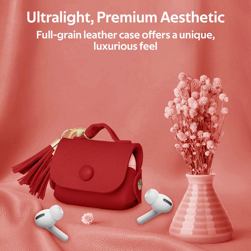 PROMATE AirPods Pro Case, Ultra-Slim Protective Soft Designer Faux Leather Cover with Wireless Charging Compatible, Shockproof and Keychain Hook for Apple AirPods Pro, Women, Tassel-Pro Red  - Image 2