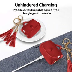 PROMATE AirPods Pro Case, Ultra-Slim Protective Soft Designer Faux Leather Cover with Wireless Charging Compatible, Shockproof and Keychain Hook for Apple AirPods Pro, Women, Tassel-Pro Red  - Image 5