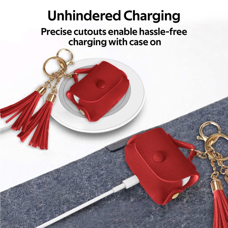 PROMATE AirPods Pro Case, Ultra-Slim Protective Soft Designer Faux Leather Cover with Wireless Charging Compatible, Shockproof and Keychain Hook for Apple AirPods Pro, Women, Tassel-Pro Red  - Image 5