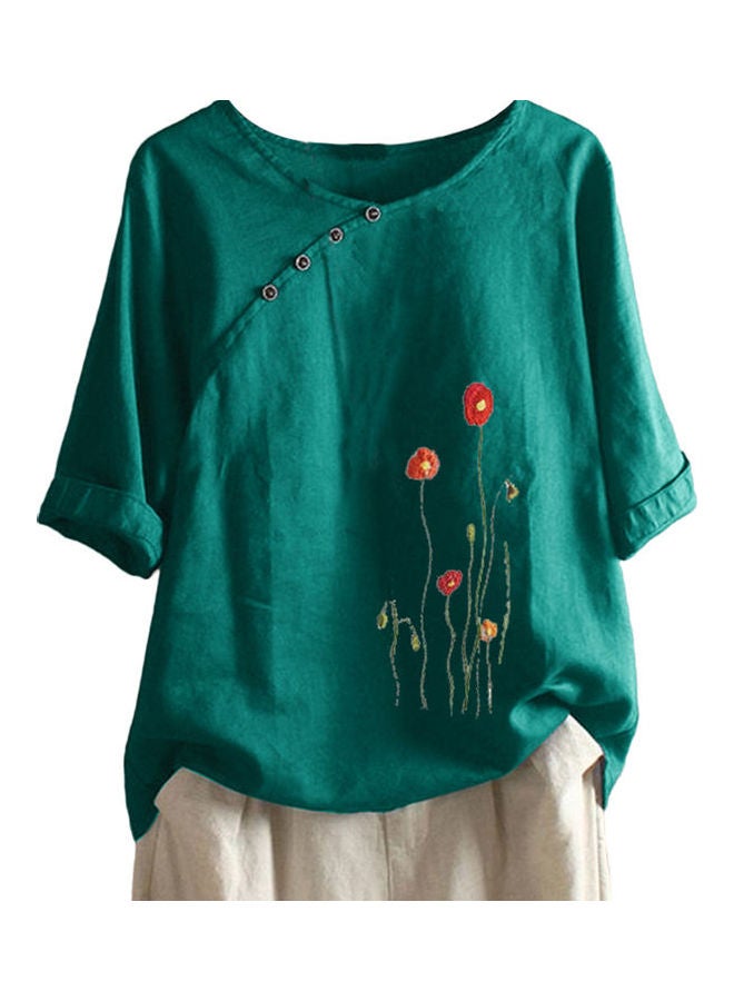 Floral Embroidery Details Blouse Dark Green