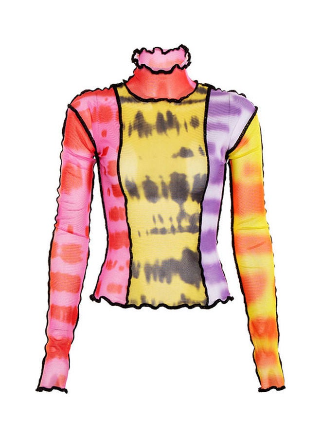 Long Sleeves Tie Dye Patchwork Blouse Red/Pink/Yellow