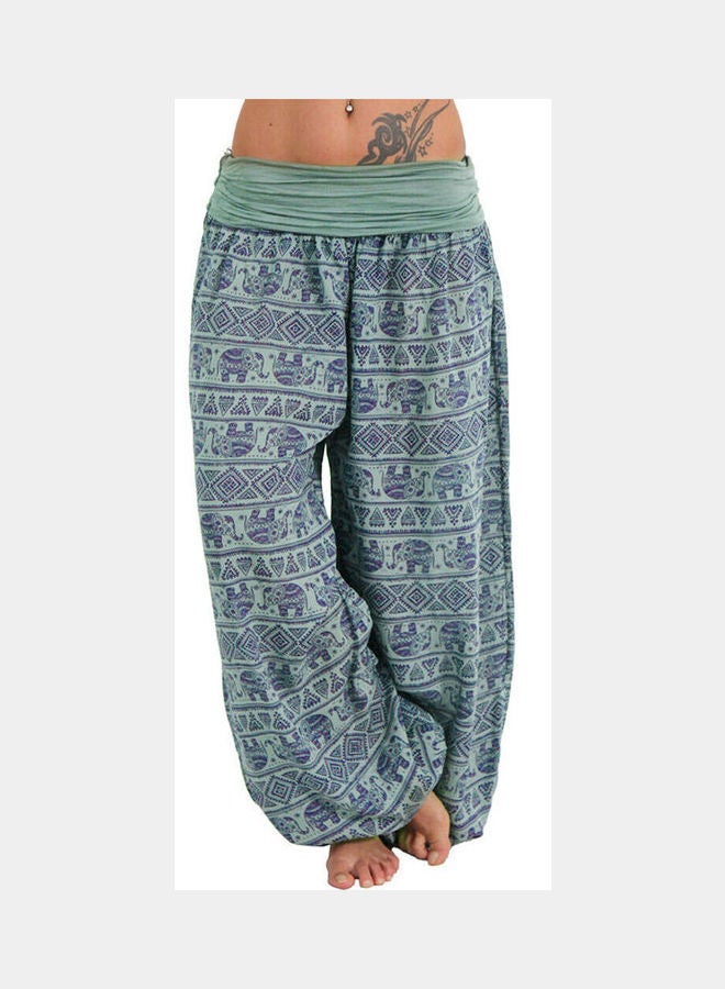 Boho Elephant Print Yoga Low Waist Long Pants Army Green