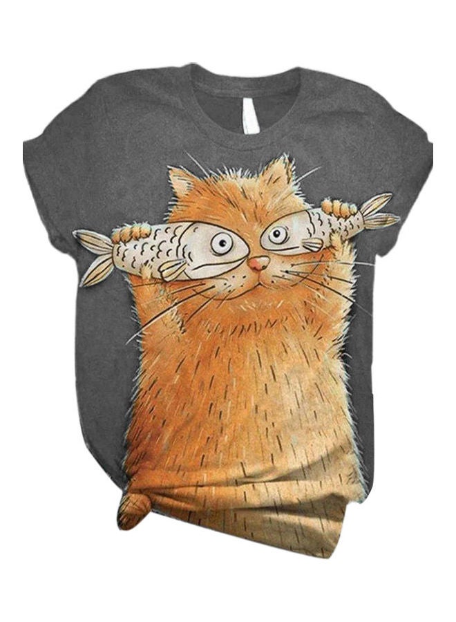 Cat Printed T-Shirt Grey/Brown