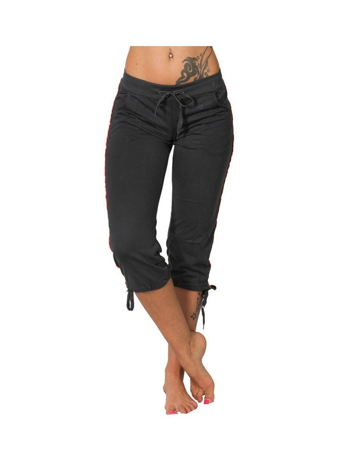 Women Solid Colour Mid Rise Pockets Drawstring Slim Capri Pants Black 