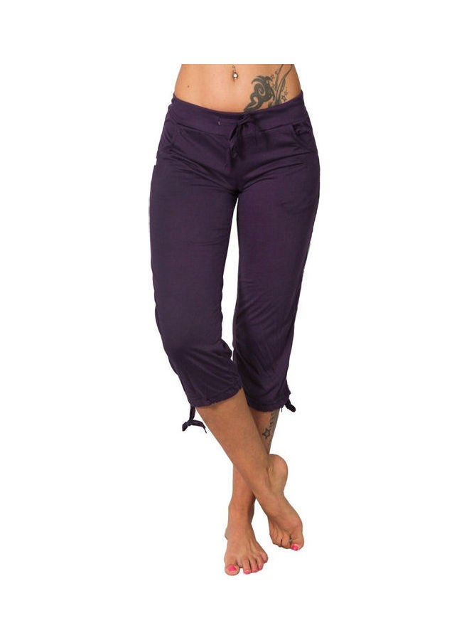 Solid Colour Mid Rise Pockets Drawstring Slim Capri Pants Purple  - Image 1