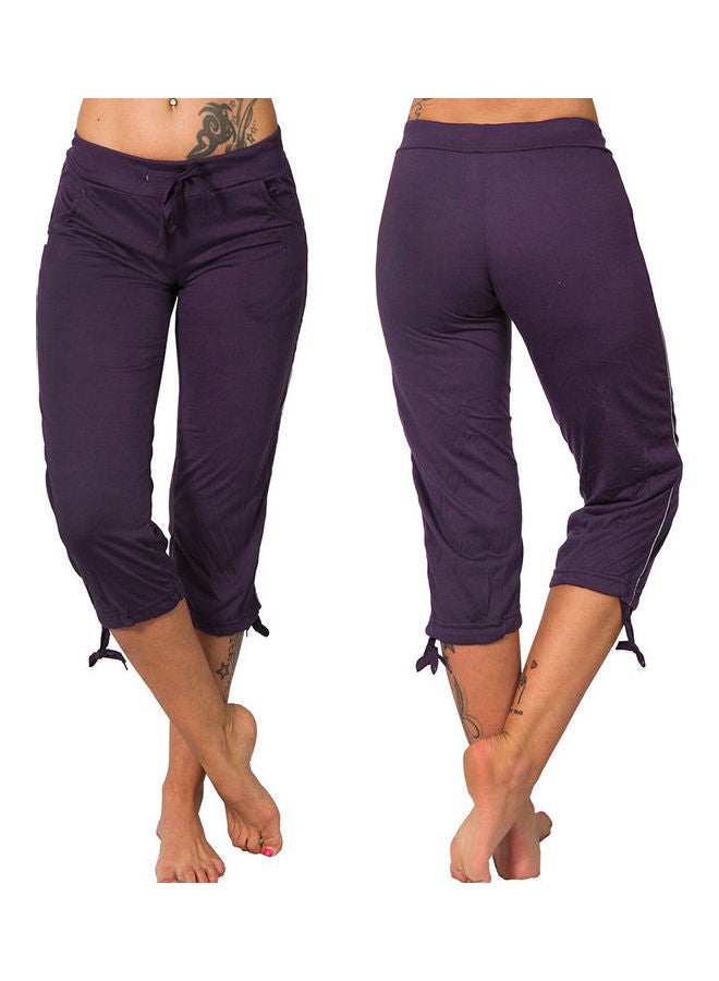 Solid Colour Mid Rise Pockets Drawstring Slim Capri Pants Purple  - Image 2