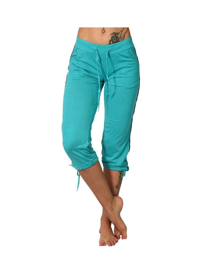 Solid Color Mid Rise Pockets Drawstring Slim Capri Pants Sky Blue 